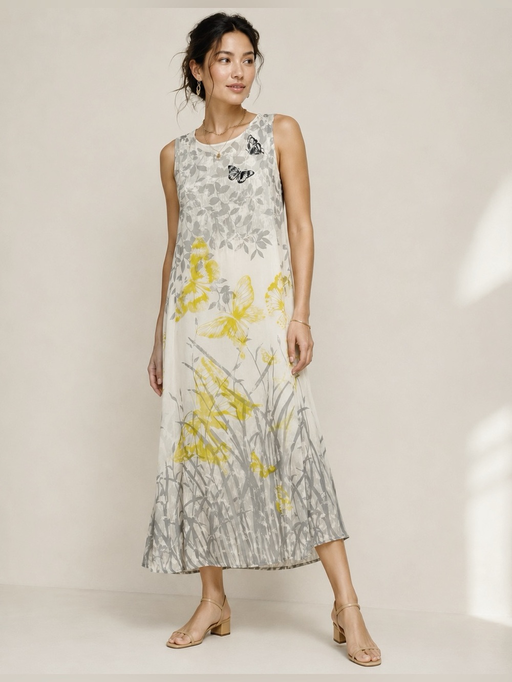 VTG Y2K 90s Mureli Woman Silk Gray Yellow Butterfly Floral Relax Maxi Dress XL